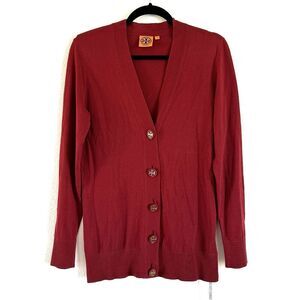 Tory Burch Women’s V Neck Cotton Simone Cardigan In Brick Red Logo Button
